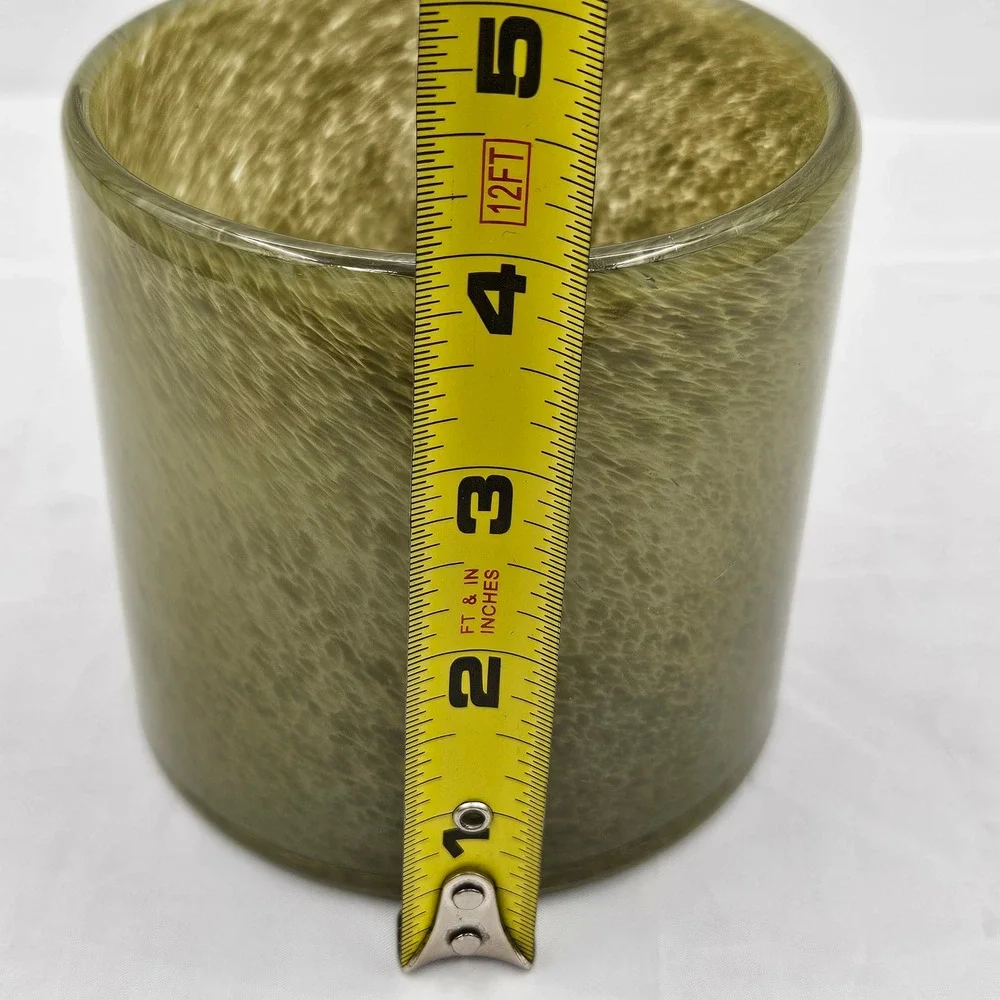 Hand Blown Olive Green Mottled Glass Vase Cylindrical Candle Holder 4.5x4in